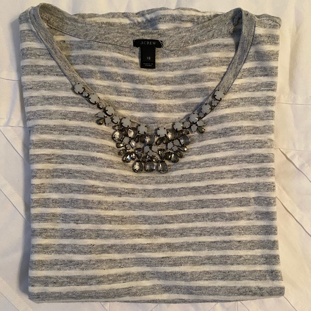 J Crew Grey Striped Embellished T-shirt